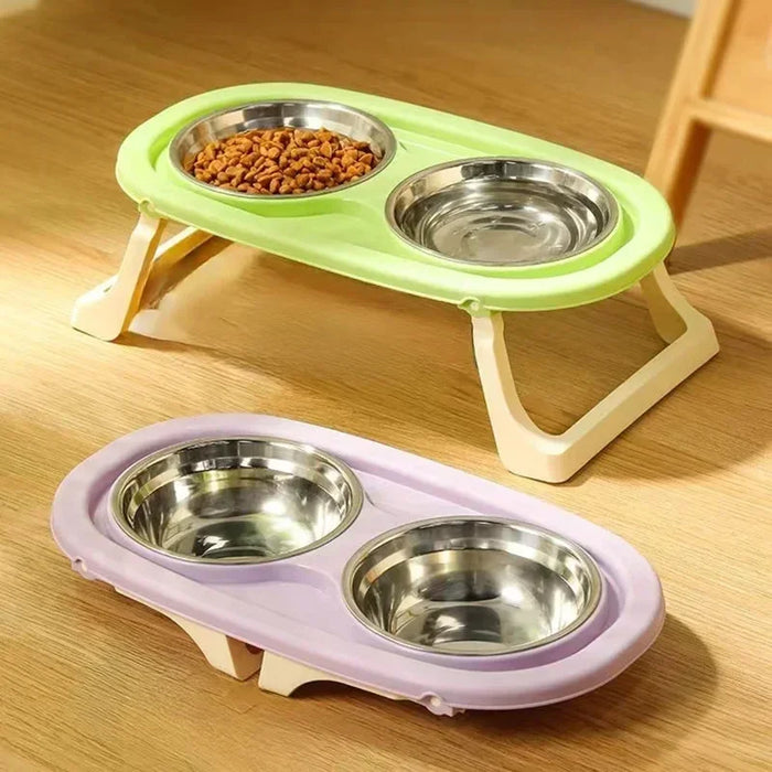 Foldable Cat Bowl Double Pet Bowl Stainless Steel Puppy Dog Feeder