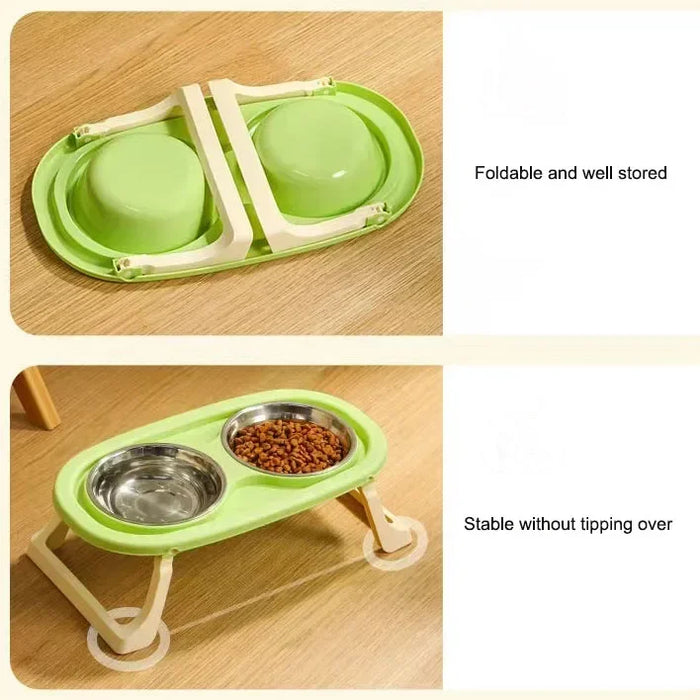 Foldable Cat Bowl Double Pet Bowl Stainless Steel Puppy Dog Feeder