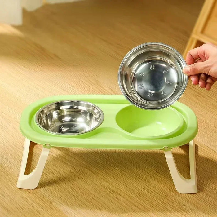 Foldable Cat Bowl Double Pet Bowl Stainless Steel Puppy Dog Feeder